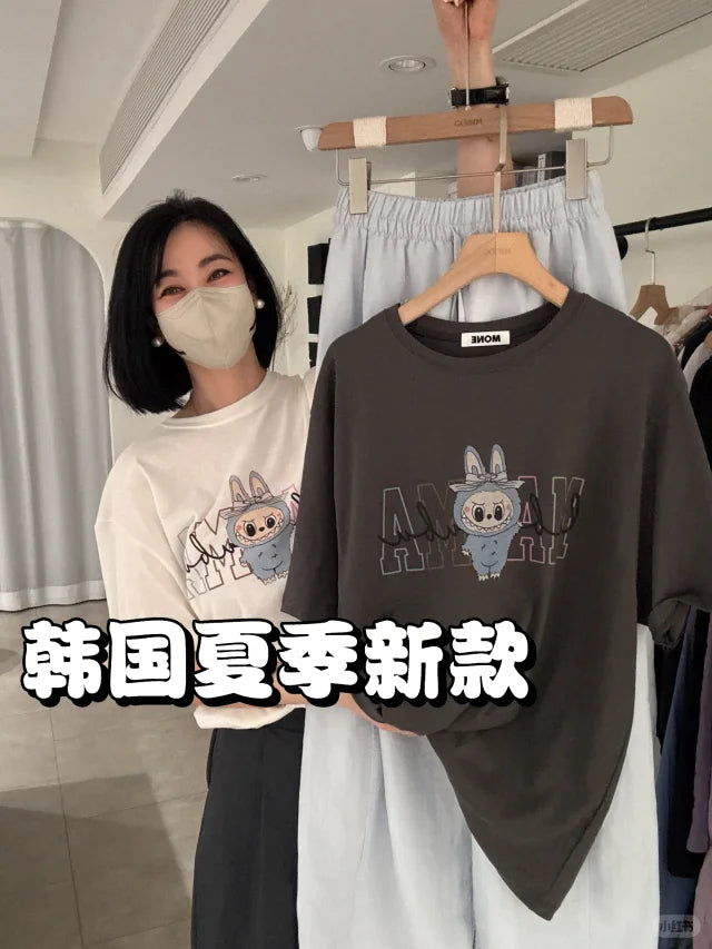 韩国女装 夏季萌趣 卡通 牙牙怪 印花 休闲 短袖 T恤
