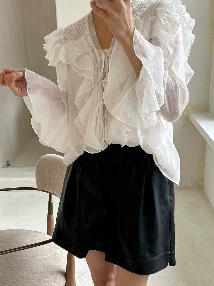 韩国女装 新款木耳边喇叭袖两件式衬衫   (限时7折 加入购物车自动减价)