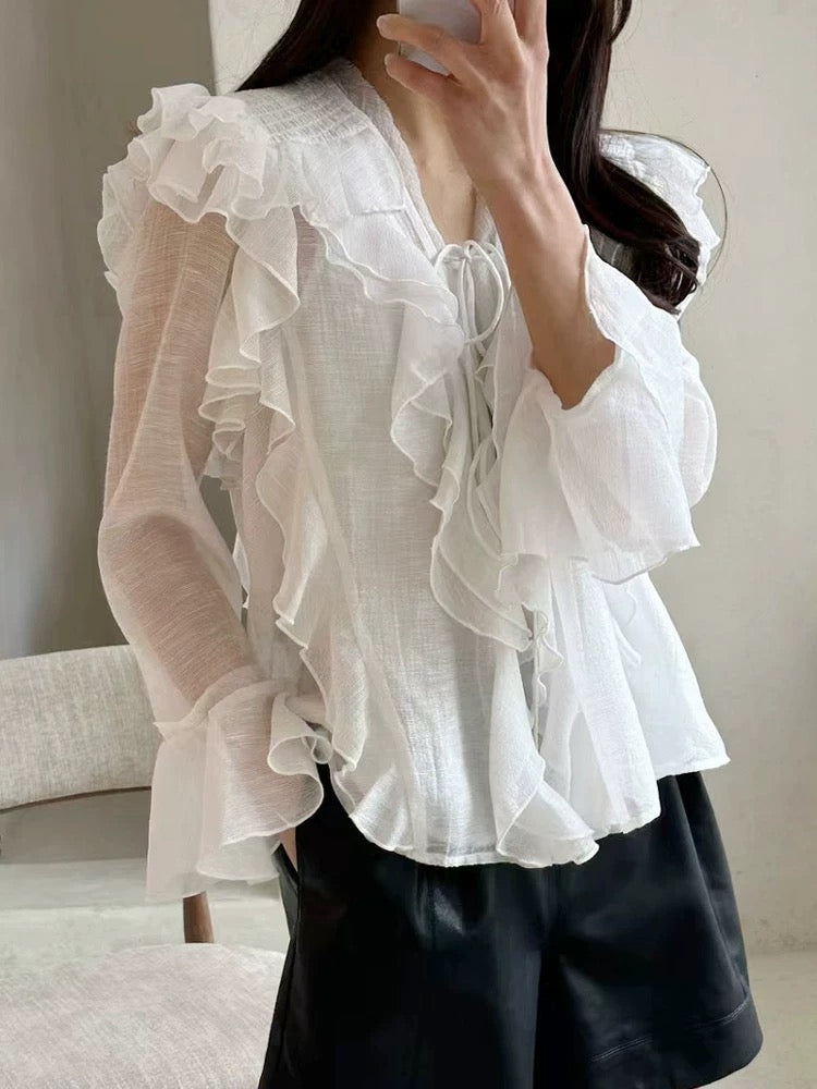 韩国女装 新款木耳边喇叭袖两件式衬衫   (限时7折 加入购物车自动减价)