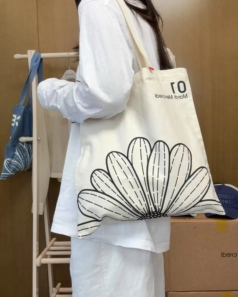 韩国 mardi 雏菊花印花单肩手提帆布包