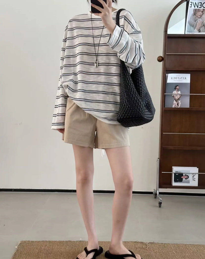 韩国女装 后开叉 系带 宽松条纹防晒大T恤
