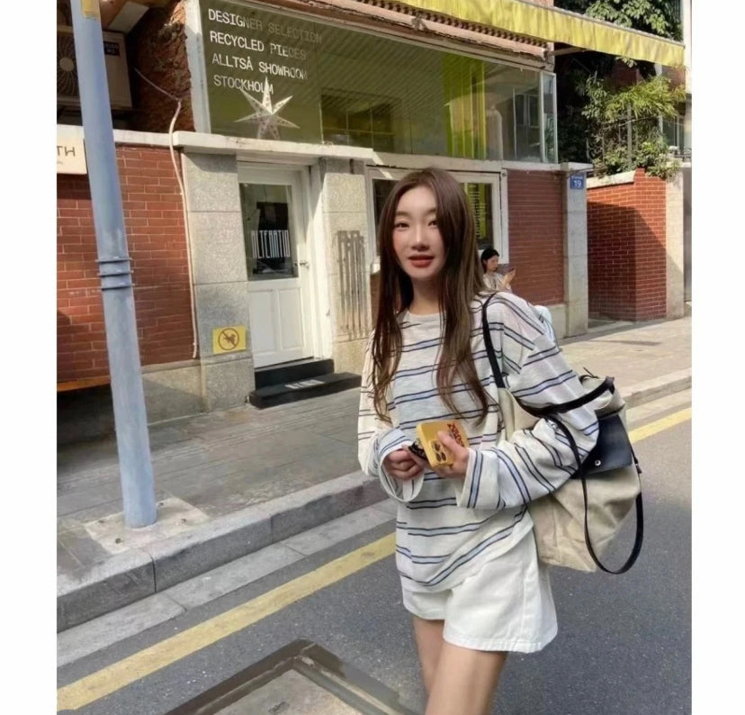 韩国女装 后开叉 系带 宽松条纹防晒大T恤