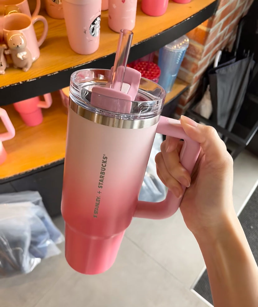台湾 星巴克 渐变莓粉 联名 Stanley 不锈钢 吸管杯 887ml