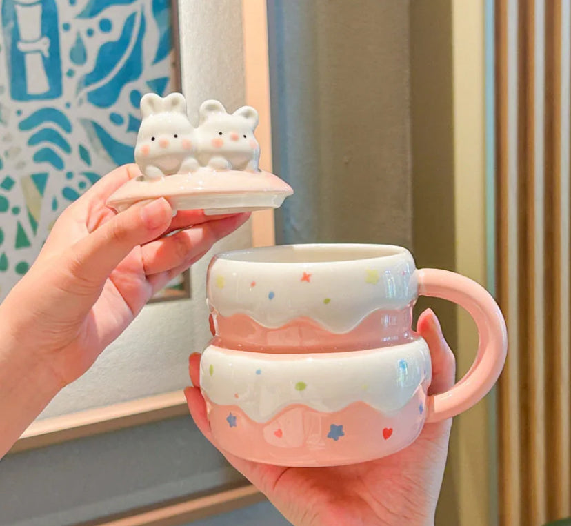 可爱 陶瓷兔兔杯 （杯+盖+圆球勺）