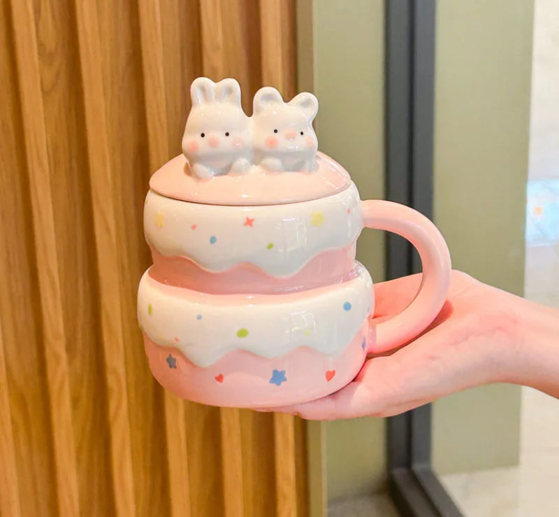 可爱 陶瓷兔兔杯 （杯+盖+圆球勺）