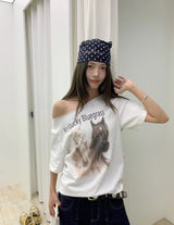 韩国女装 露肩设计 印花短袖 T恤 M码 胸围 102cm 衣长61cm 肩宽45cm