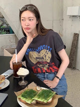 韩国女装 车静媛同款 做旧爱心印花短袖T恤 2码 胸围110cm