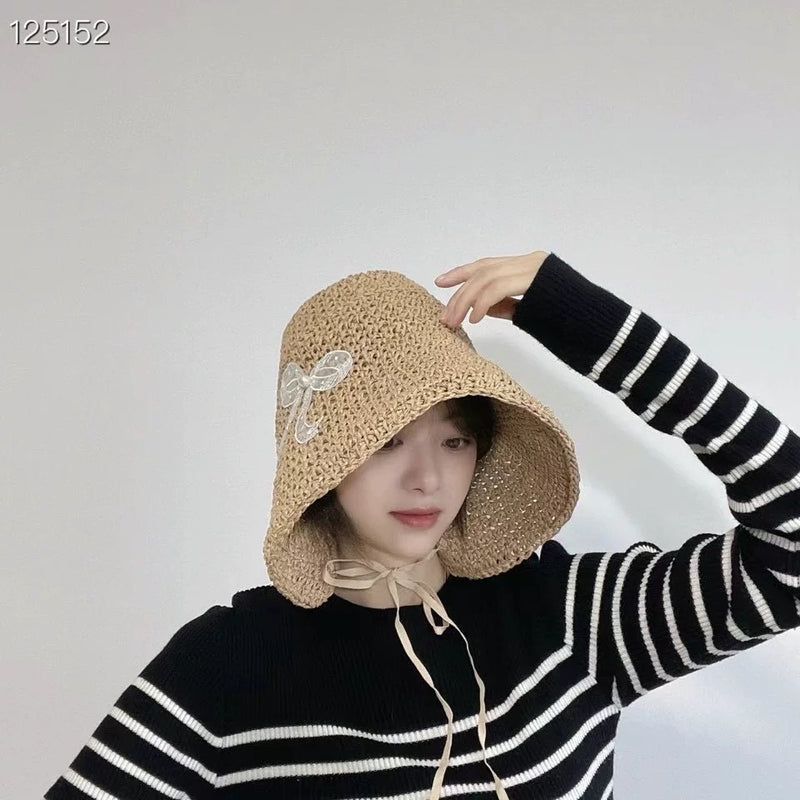 韩国 田园小清新 蝴蝶结 草帽 防晒帽
