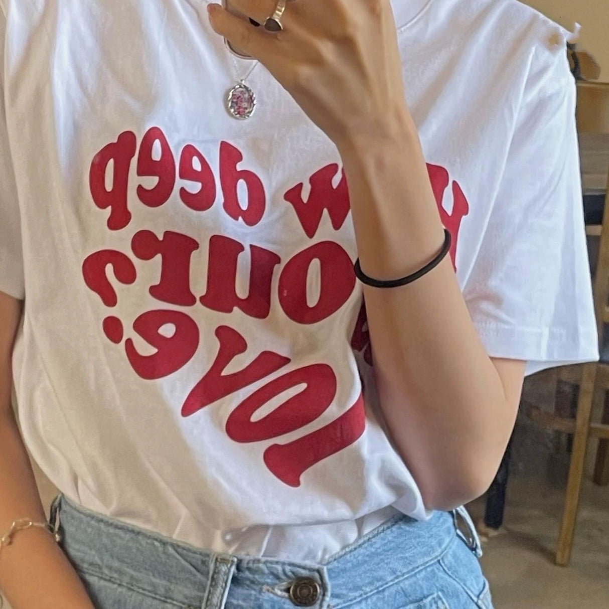 韩国女装 爱心字母短袖 T恤 金惠允同款 胸围100cm