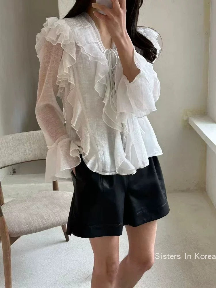 韩国女装 新款木耳边喇叭袖两件式衬衫   (限时7折 加入购物车自动减价)