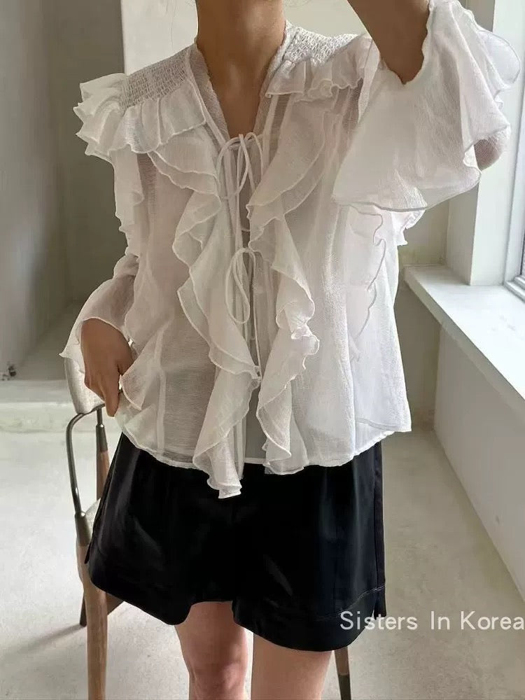 韩国女装 新款木耳边喇叭袖两件式衬衫   (限时7折 加入购物车自动减价)