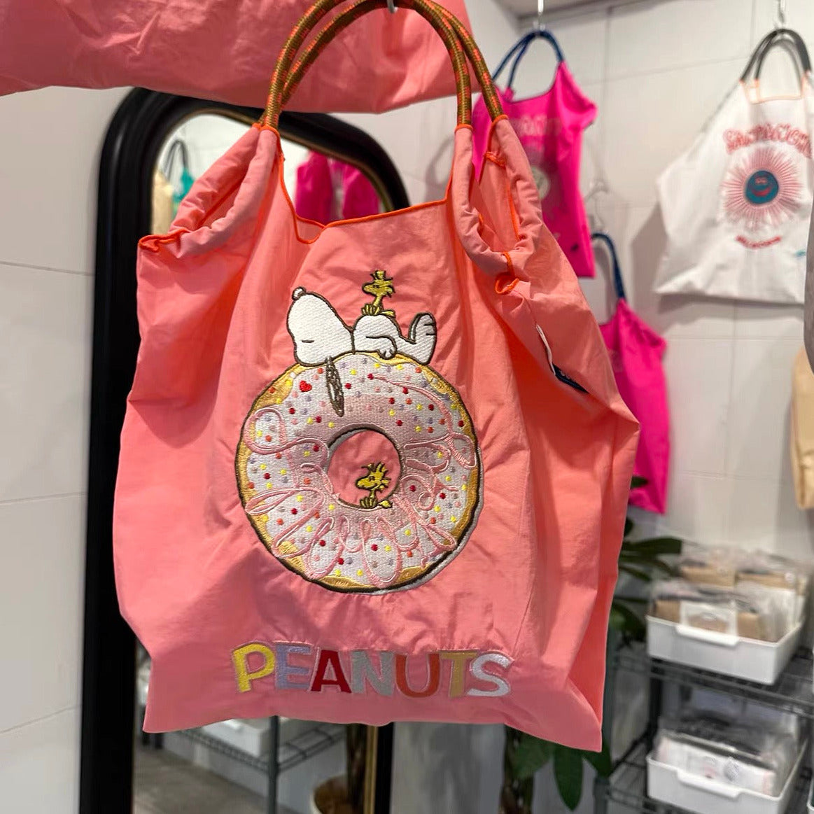 日本ball&chain x 史努比 粉色甜甜圈刺绣购物袋 M码