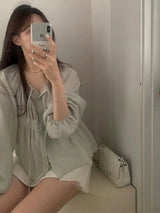 韩国 女装 薄荷绿 褶皱感 宽松百搭 长袖 衬衫 夏天新款
