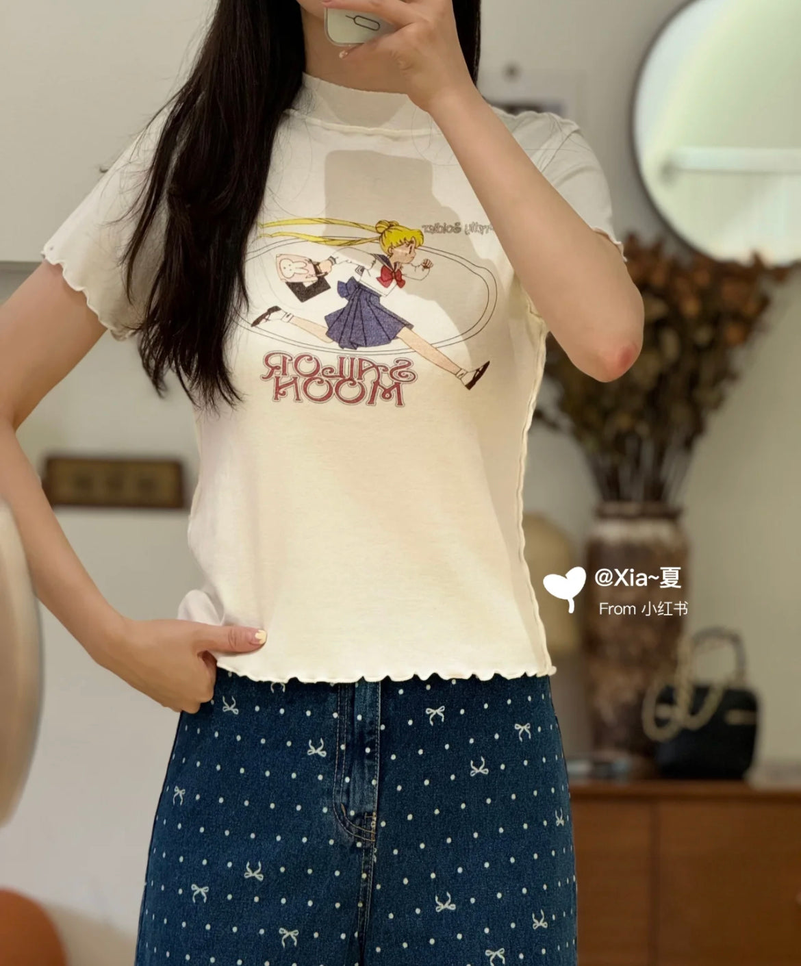 韩国女装 美少女米奇卡通木耳边复古百搭T恤 胸围88cm 带弹力 白色