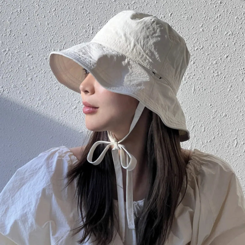 韩国女装 夏日可折叠防风绳大帽檐遮阳防晒渔夫帽盆帽 米白色
