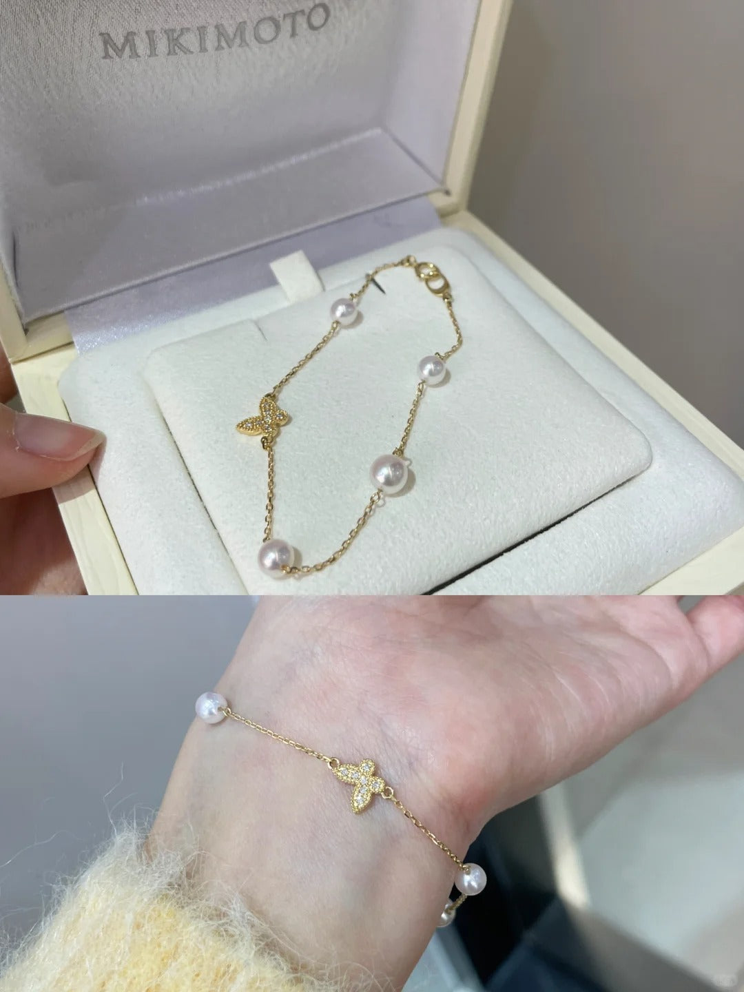 （接预定）日本 MIKIMOTO 蝴蝶 0.03ct钻石 海水珍珠4.50-5.5mm 手链 18K 黄金 PD-257I