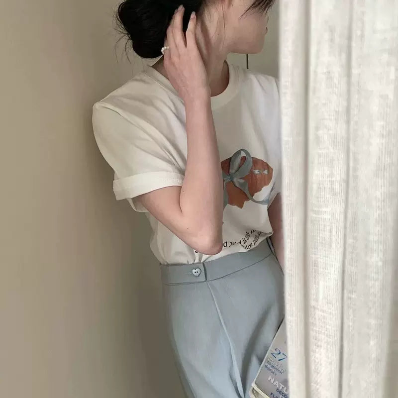 韩国女装 OUIR 牛角包 蝴蝶结 印花圆领 短袖 T恤
