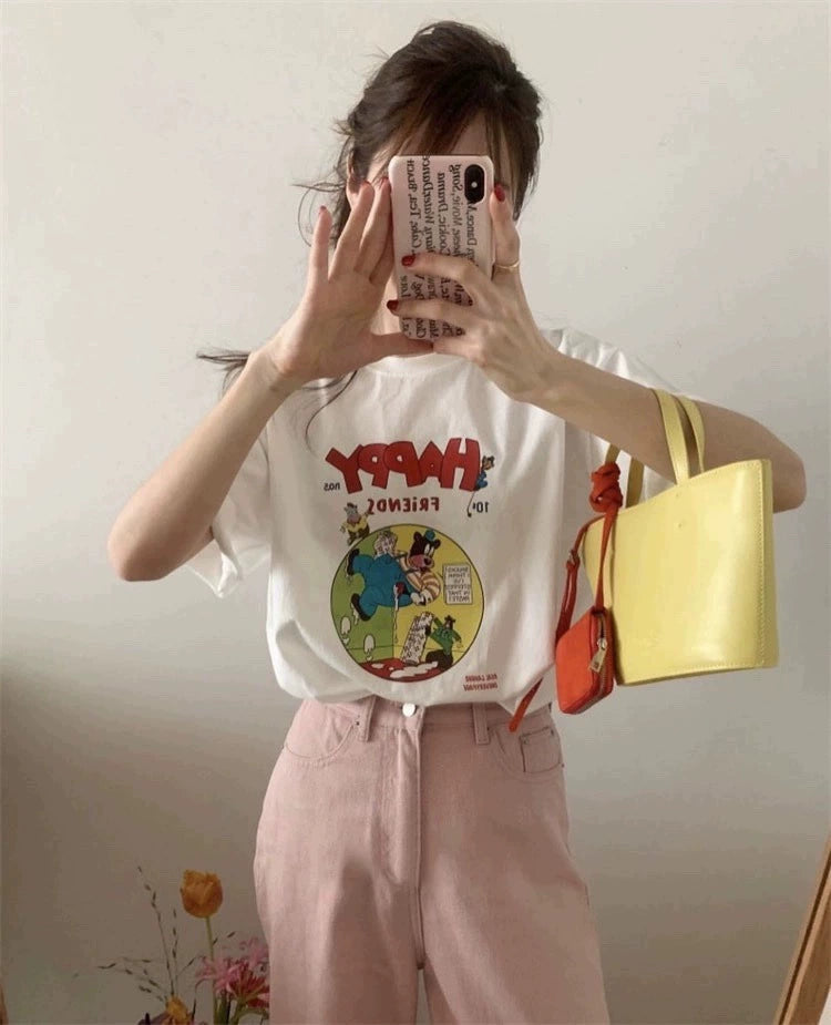 韩国女装 夏季款 卡通字母 印花 洋气圆领 宽松短袖 T恤