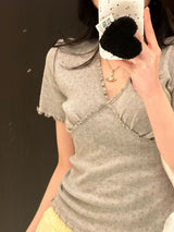 韩国女装 糯叽叽弹力花边短袖T恤 胸围68-124cm