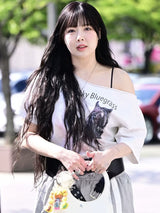 韩国女装 露肩设计 印花短袖 T恤 M码 胸围 102cm 衣长61cm 肩宽45cm