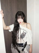 韩国女装 露肩设计 印花短袖 T恤 M码 胸围 102cm 衣长61cm 肩宽45cm