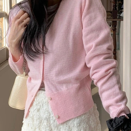 韩国女装 春季 简约开衫纯色单排扣 针织衫 半裙