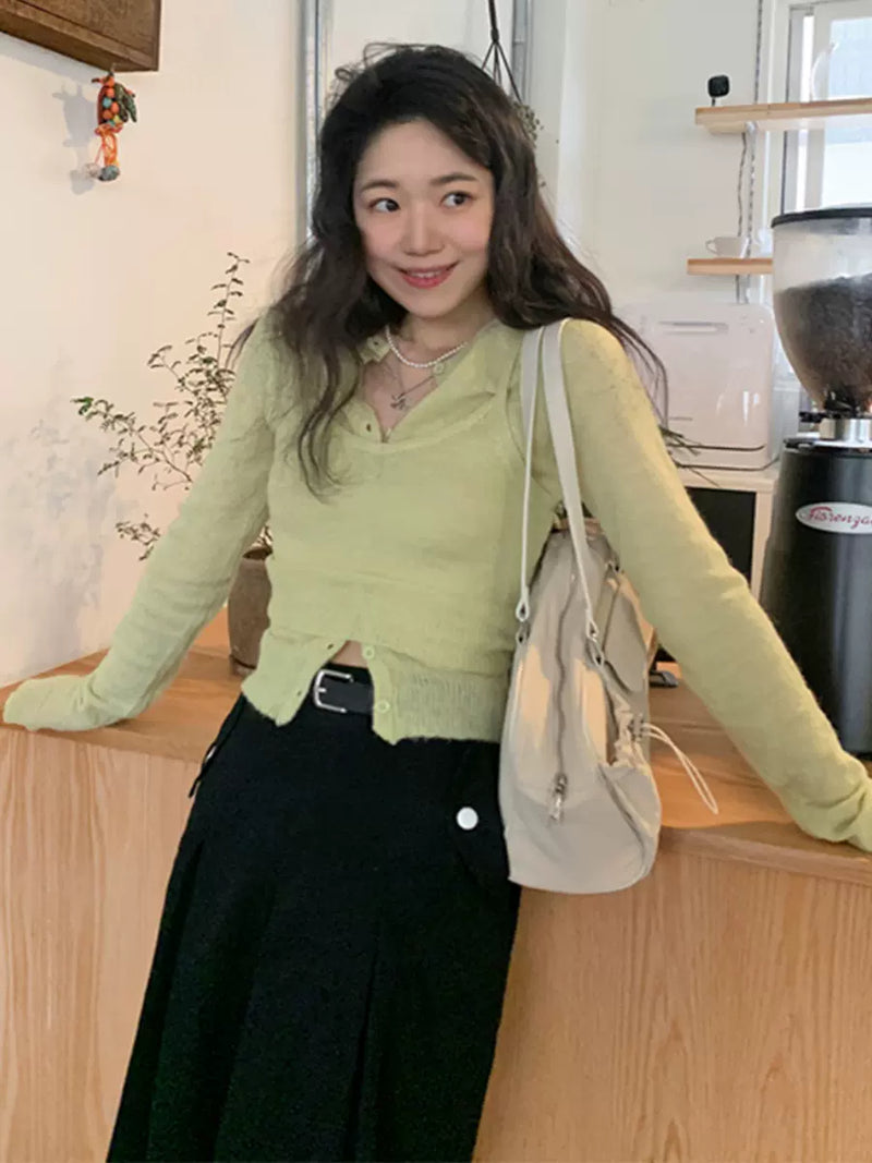 韩国女装 时尚短款针织开衫背心套装女