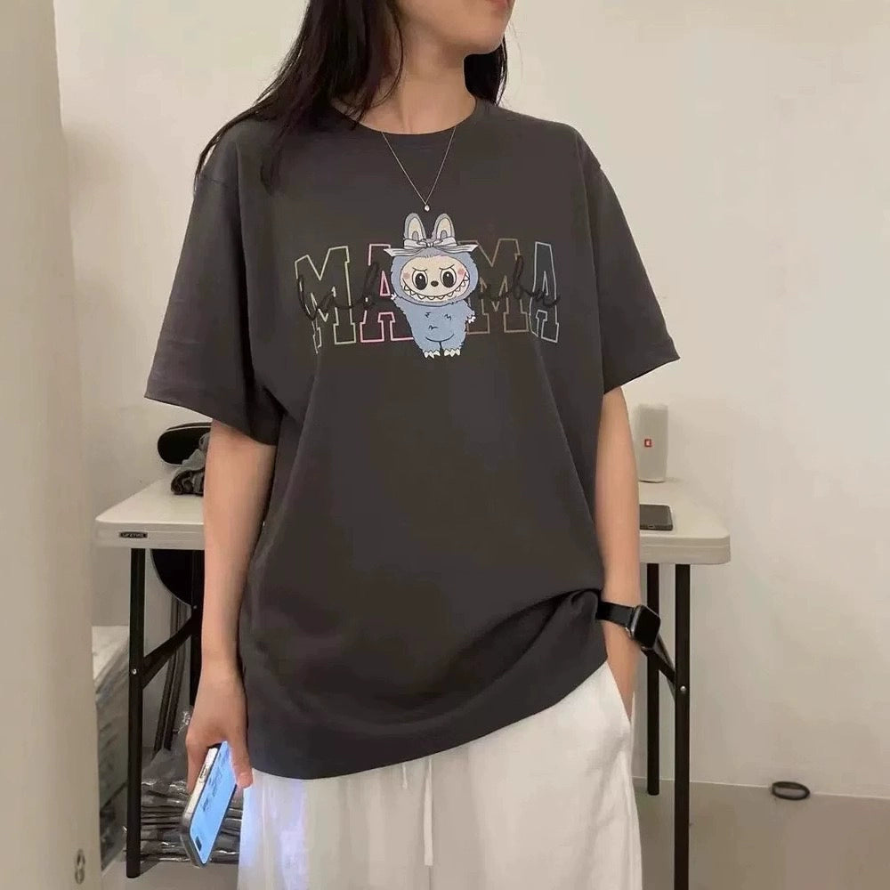 韩国女装 夏季萌趣 卡通 牙牙怪 印花 休闲 短袖 T恤