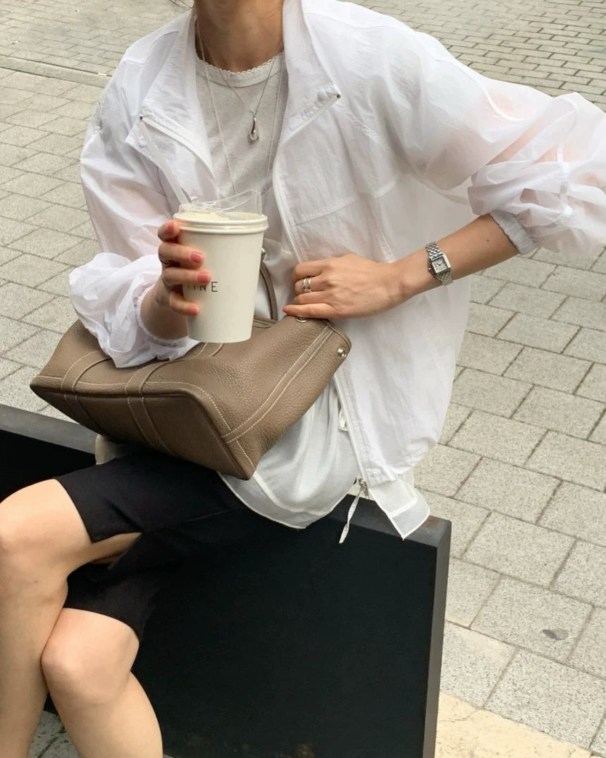 韩国女装 下摆可抽绳轻薄防晒夹克立领拉链外套  (限时7折 加入购物车自动减价)