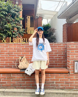 韩国女装 小飞人 花朵印花 短袖百搭休闲圆领 T恤