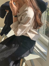 韩国女装 纯色宽松休闲翻领单排扣长袖衬衫 米色