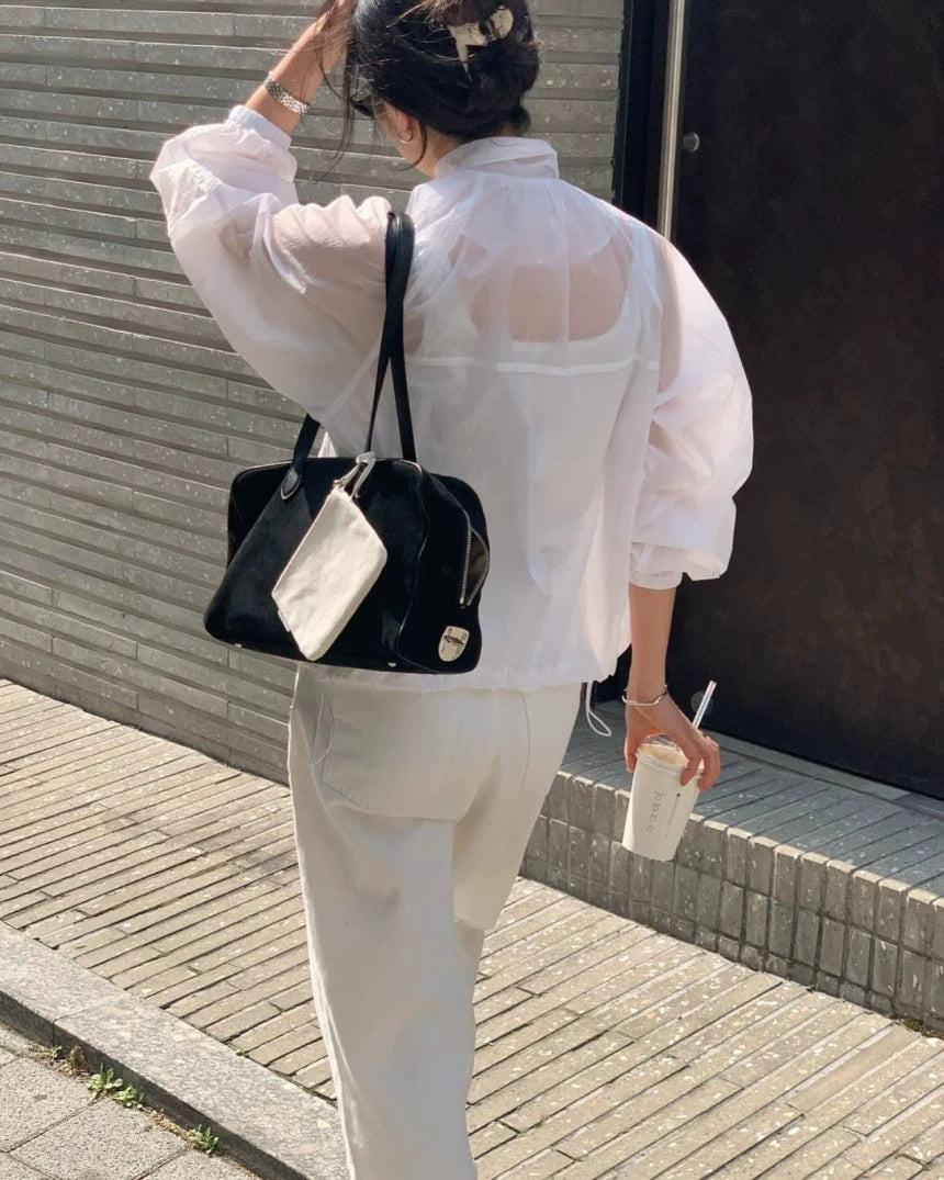 韩国女装 下摆可抽绳轻薄防晒夹克立领拉链外套  (限时7折 加入购物车自动减价)