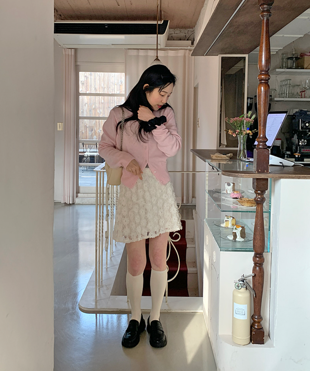 韩国女装 春季 简约开衫纯色单排扣 针织衫 半裙