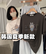 韩国女装 夏季萌趣 卡通 牙牙怪 印花 休闲 短袖 T恤