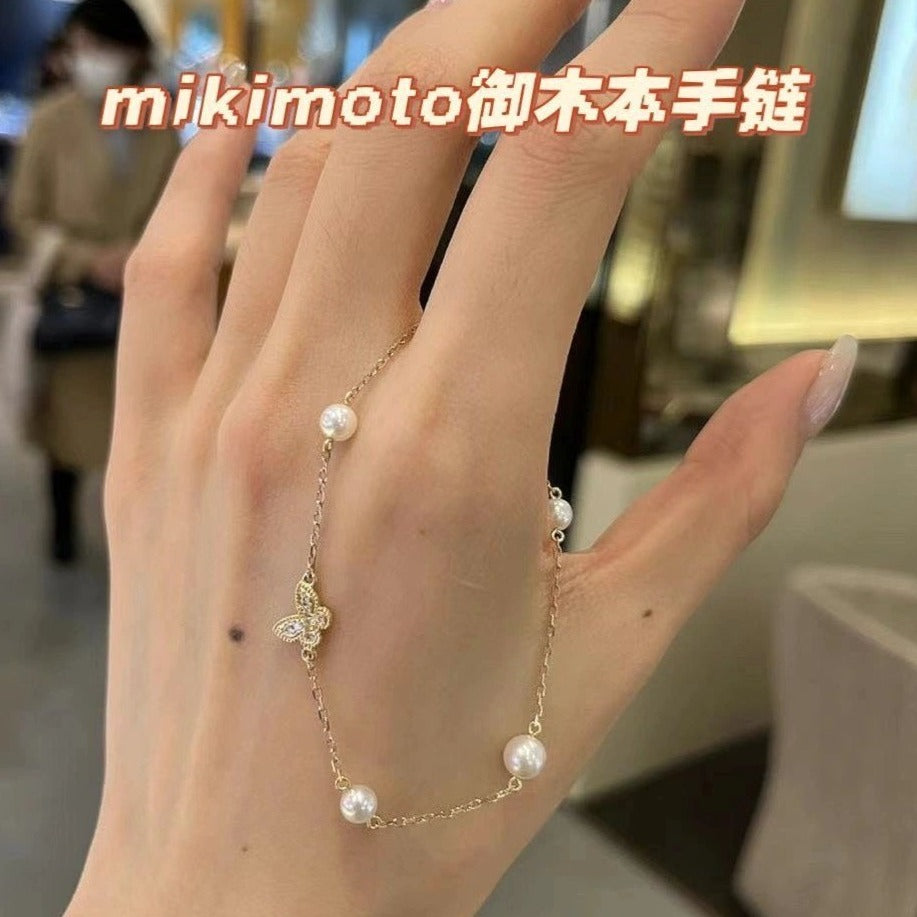 Japan MIKIMOTO butterfly 0.03ct diamond seawater pearl 4.50-5.5mm bracelet  18K gold PD-257I