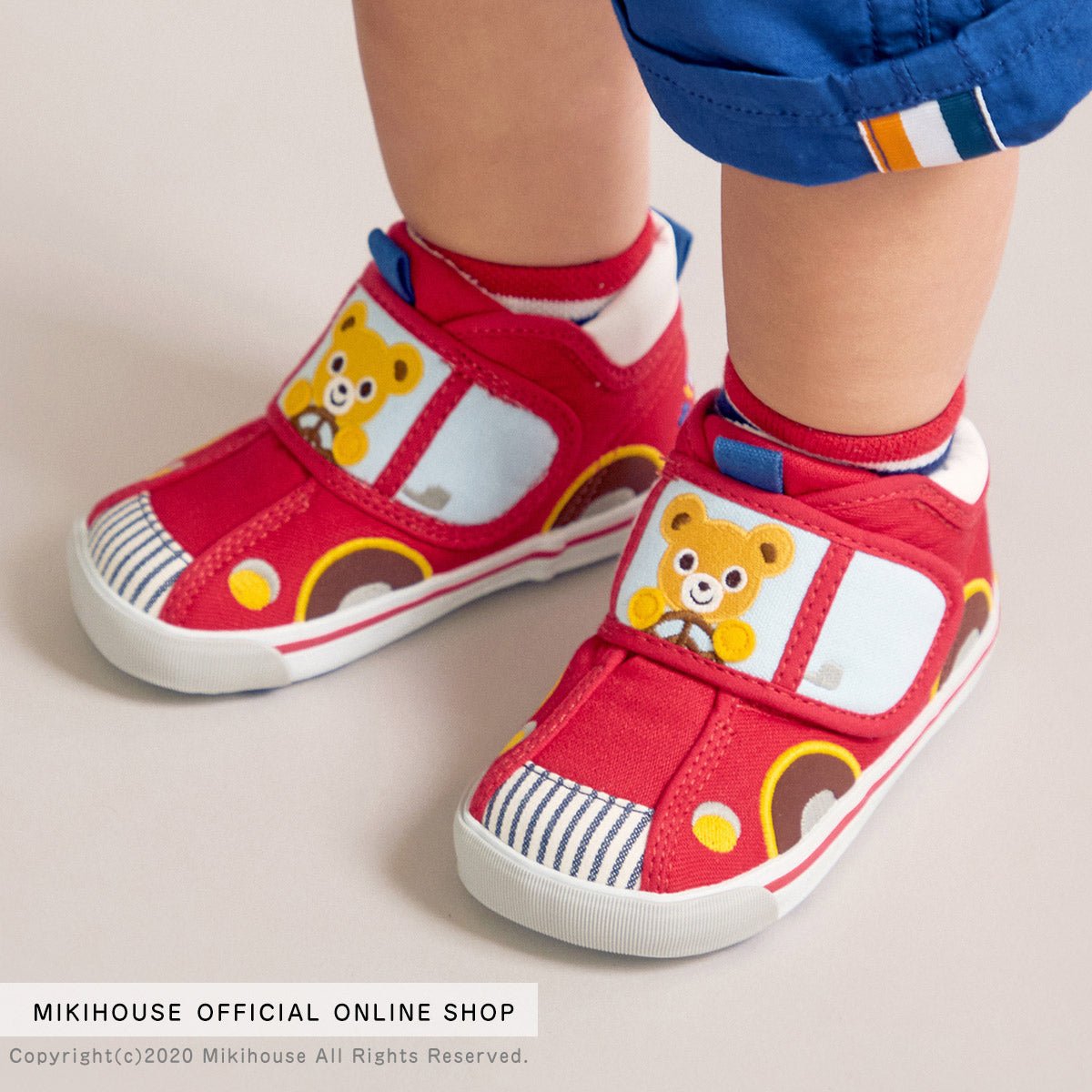 日本 mikihouse 小熊 开车 日本制 学步鞋 11-9303-825 红色帆布